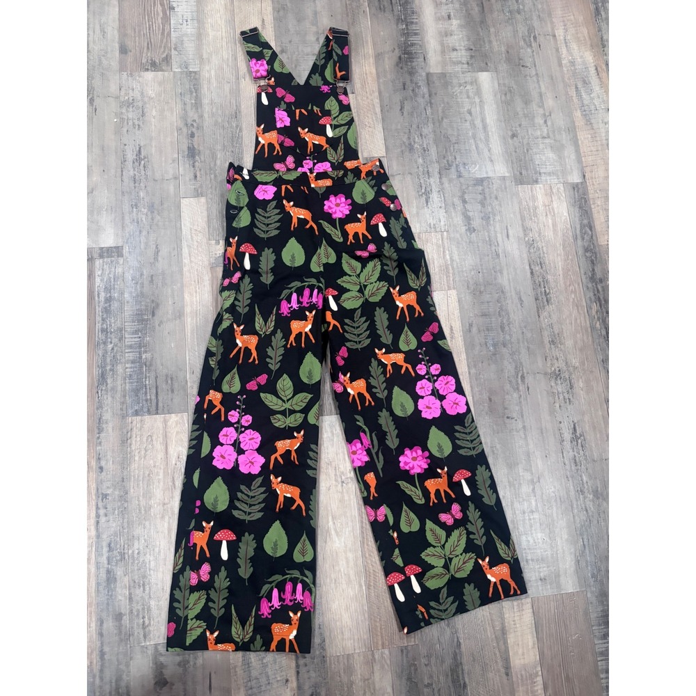 Princess Highway Woodland Deer Mushroom Wide Leg Overalls Black Pink Womens 6 - Picture 2 of 8